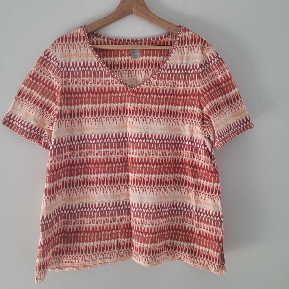 CHICOS Printed Aztec Boho V Neck Cotton Blend Casual Short Sleeve Top size 3 XL